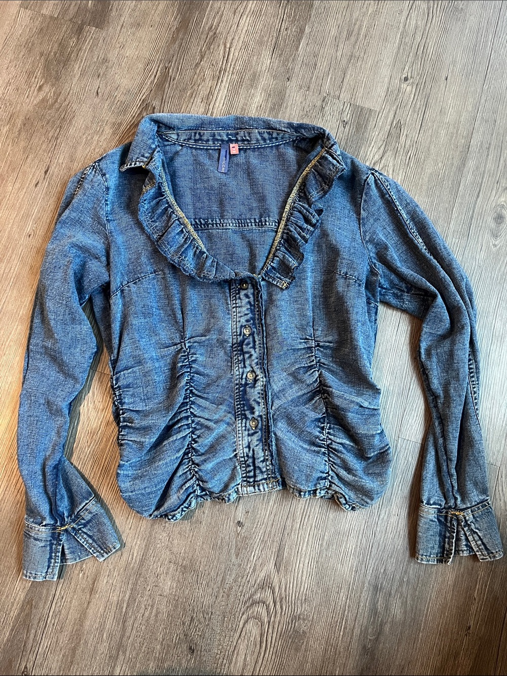 PILCRO Soft Denim Ruffle-Trim Button Front Shirt